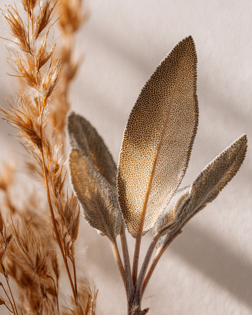 Soft sage leaves and dried grasses on a warm ivory backdrop