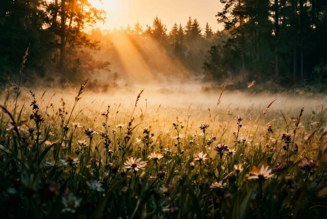 Sunlit meadow with wildflowers and mist rising at golden hour